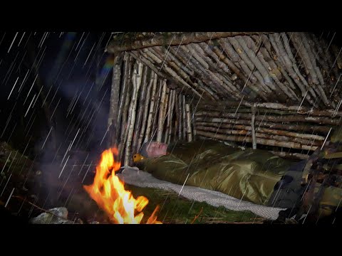 Building a Survival Shelter in Rain - Bushcraft, Natural Roof