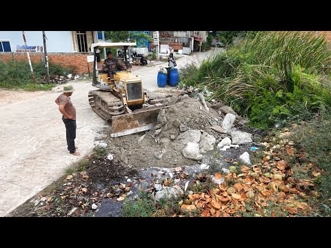 Wow! Nicely Filling Up Task Using KOMATSU Bulldozer Push Stone Into Water With Trucks Process