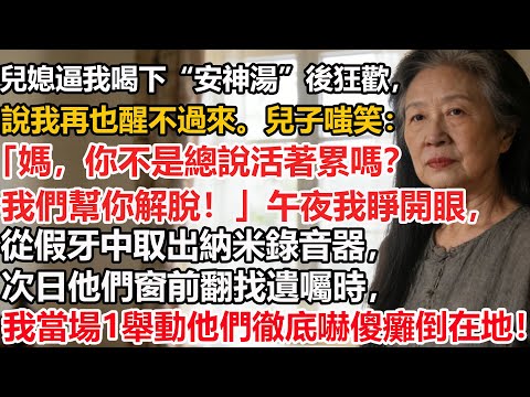 【我73歲】兒媳逼我喝下安神湯後狂歡,說我再也醒不過來。兒子嗤笑:媽,你不是總說活著累嗎?我們幫你解脫!午夜我睜開眼,從假牙中取出納米錄音器,次日他們窗前翻找遺囑時,我當場1舉動他們徹底嚇傻癱倒在地!