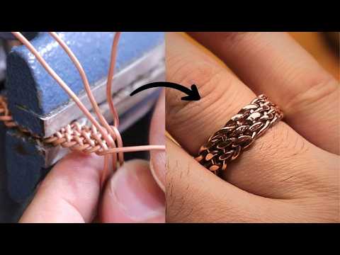 Making a wicker-shaped knitted ring by using old copper cables