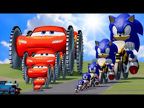 Big & Small Lightning Mcqueen with Saw wheels vs Big & Small Sonic on a motorcycle | BeamNG.Drive
