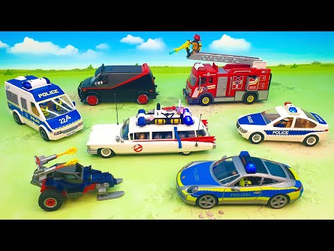 Toy police chase, Police car, Fire Truck, Ghostbusters, Rescue helicopter | Toys Review for Kids