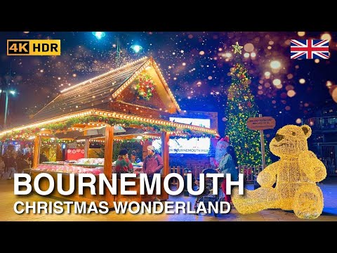 BOURNEMOUTH England Christmas Walking Tour 🇬🇧 | Festive England Town Walk | 4K HDR