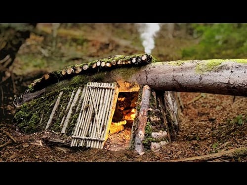Building a cozy shelter under a fallen tree, cooking French-style meat over an open fire.