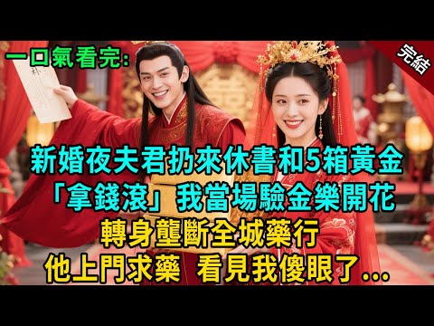 完結古言爽文:新婚夜夫君扔休書和五箱黃金:「拿錢滾!」我當場驗金笑著簽字!轉身壟斷全城藥行,王爺重金求藥,看清是我當場傻眼!#小説 #原創 #古言 #大女主 #爽文 #反轉 #打臉 #逆襲 #有聲書