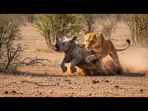 Separated from Mother… Baby Rhino Faces a Lioness Alone!