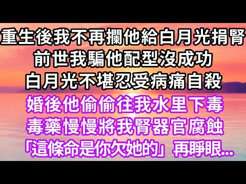 重生後我不再攔他給白月光捐腎,前世我騙他配型沒成功,白月光不堪忍受病痛自殺,婚後他偷偷往我水里下毒,毒藥慢慢將我腎器官腐蝕,「這條命是你欠她的」再睜眼...#重生 #復仇 #大女主 #爽文
