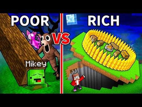 JJ and Mikey: POOR vs RICH SECRET BASE BATTLE in Minecraft - Maizen (99 Nights In The Forest)