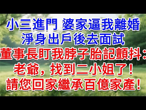 小三進門 婆家逼我離婚,淨身出戶後去面試,董事長盯我脖子胎記顫抖著打電話:老爺,找到二小姐了!請您回家繼承百億家產!#為人處世#生活經驗#情感故事#故事#小說#戀愛#情感#婚姻