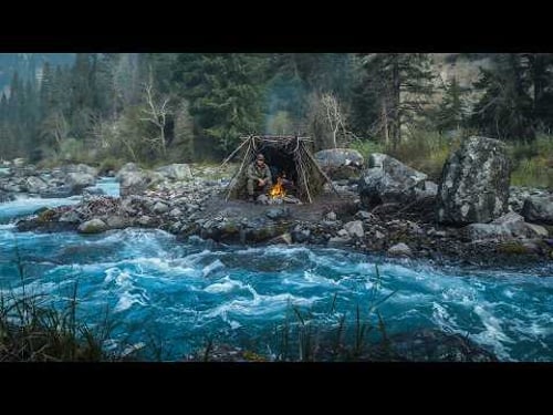 Catch & Cook at My Survival Shelter | Hot Stone Cooking