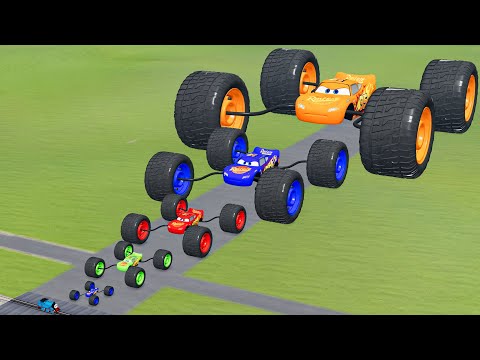 Big & Small Colors McQueen Spider with Monster Wheels VS Trains Thomas | BeamNG.drive