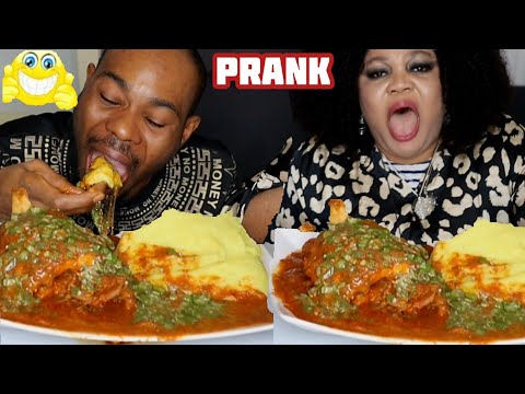 I added too much Pepper in My Wife's Soup "Prank" Okra Soup and Fufu | African food Eating Mukprank