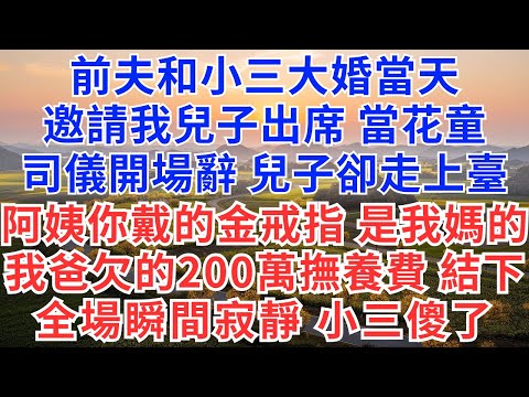 前夫和小三大婚當天,邀請我兒子出席,當花童,司儀開場辭,兒子卻走上臺,阿姨你戴的金戒指是我媽的,我爸欠的200萬撫養費結一下,全場瞬間寂靜,小三傻了!#情感故事#故事#小說#戀愛#情感#婚姻