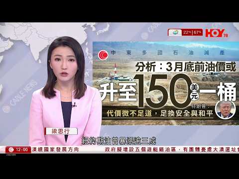 有線新聞|中東石油減產,紐油曾漲逾三成 特朗普:伊朗威脅消除後油價會急跌|油價急升拖冧亞太股市 日經挫逾4千點 韓股跌9%|哈梅內伊次子穆傑塔巴當選最高領袖|HOYTV|午間香港新聞|20260309