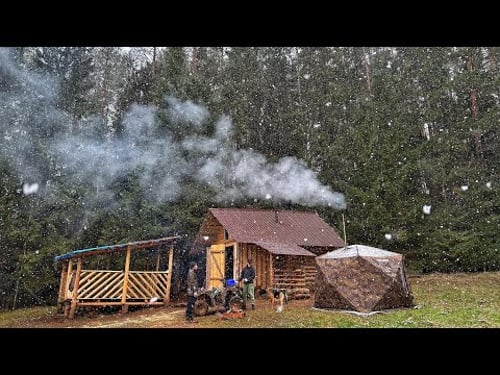 A heavy snowfall caught us in a log cabin! We go to the sauna from the tent, fry meat on coals!