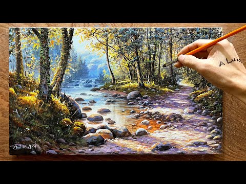 How to draw landscape painting /#74/ The road and the stream / Acrylic painting / A Lu Art