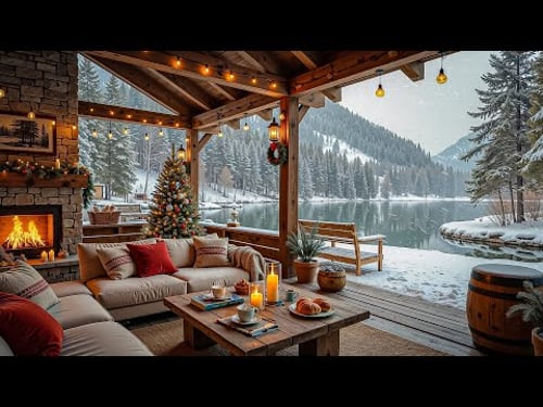 Christmas Ambience at Cozy Lakeside Porch 🎄 Jazz Music & Crackling Fireplace for Winter Relax