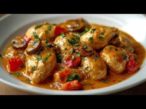 God, how delicious! Tender chicken fillet in a creamy sauce with mushrooms!