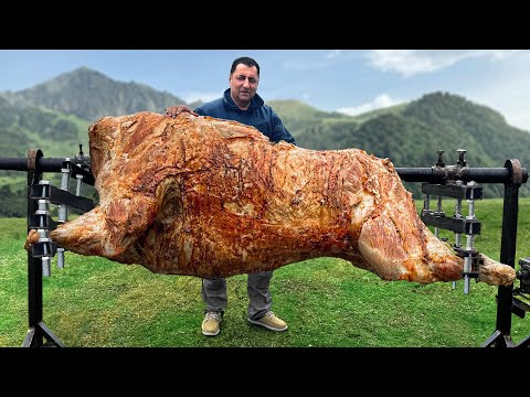 شوي ثور ضخم على سيخ معدني! أفضل لحم تذوقته في حياتي