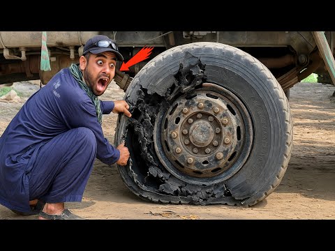Pakistani Dumper Tyre Burst on Roadside! Repaired Fast 3 Pakistani Truck Tyre & Axle Repairs