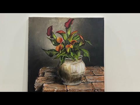 Red Calla Lilies in a Vase || Step -by- Step Acrylic Painting