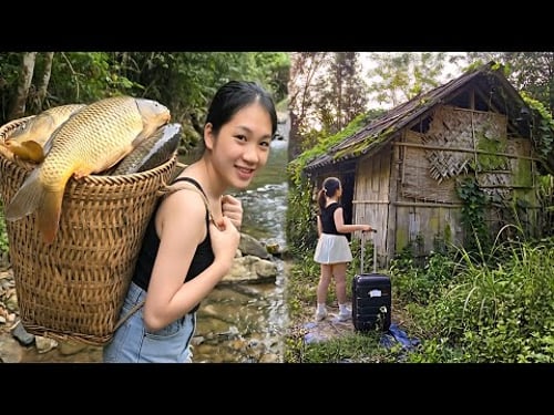 The girl left the city to live in the forest - she caught a huge school of fish in the stream.