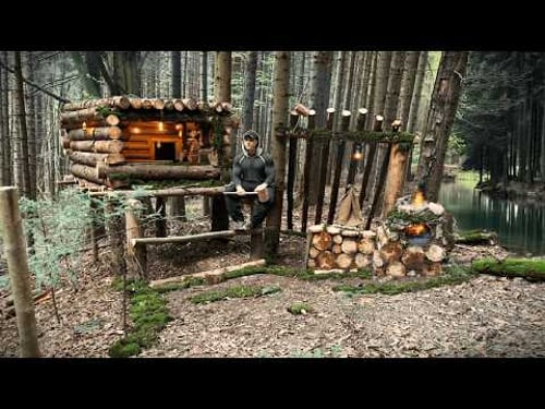 I Built a Bushcraft Cabin With a Wood-Fired BBQ Grill | Wilderness Survival Shelter