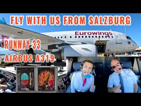 SALZBURG (SZG) | Blue sky takeoff and departure from rwy 33 | Airbus A319 pilots + cockpit views