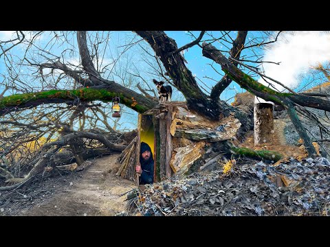Building a secret shelter under an incredibly huge fallen tree for survival | Warm dugout