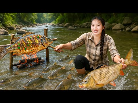 Catching a Big School of Wild River Carp | Making Smoked Grilled Fish for My Son and Daughter
