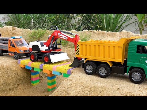 Truck rescue by excavator | Dump trucks and excavator to build bridge - Collection Cars Toys rescue