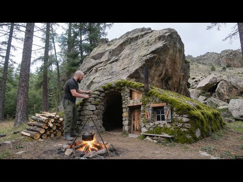 Man Constructs a Stone Cabin on the Mountain Slope Alone