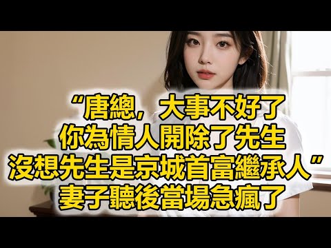 “唐總,大事不好了,你為情人開除了先生,沒想先生是京城首富繼承人”,妻子聽後當場急瘋了