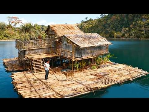 Um homem constrói uma vila flutuante primitiva na água, do início ao fim