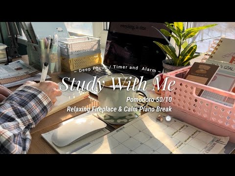 3-HR STUDY WITH ME โ๏ธ๐ชต crackling fireplace / pomodoro 50/10 ๐น with calm piano break