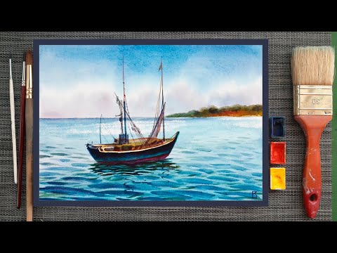Drawing lessons. How to paint the sea in watercolor. Watercolor for beginners. Step-by-step drawing.