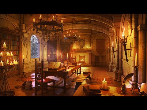 Castle Library Sounds | Rain & Thunderstorm with Crackling Fireplace for Study, Sleep, Relax