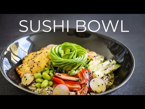 Vegetarian Sushi Buddha Bowl Recipe with Sesame Dressing, Tofu + Avocado Rose!
