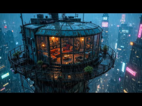 Lofi Rain – Skyscraper Library Lo-fi in the Cyberpunk City | For Study, Sleep, or Relaxation | 4K