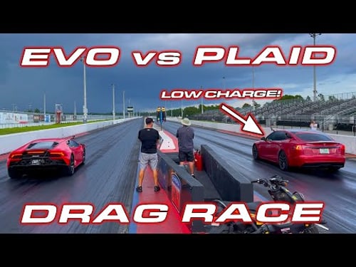 This is why Lamborghini is going all HYBRID * Tesla Plaid at low charge vs Huracan EVO Drag Race