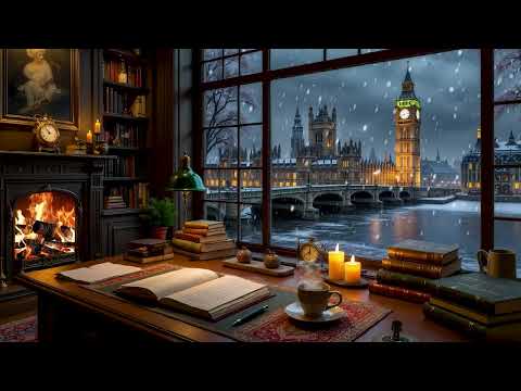 A Quiet Winter Café in London ☕❄️ Smooth Jazz Music & Snowfall Ambience to Ease the Mind