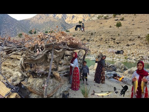 Nomadic life:life single nomadic girls on Khersan River catching 2 4-kilogram fish building a hut