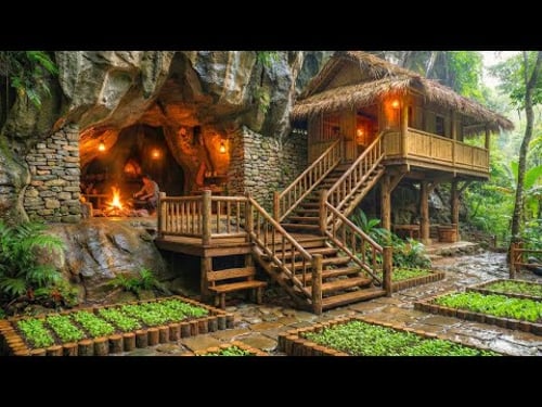 FULL MOVIE: Building TWO Shelters in Monsoon Storms — Tree House + Stone Cave (Start to Finish)