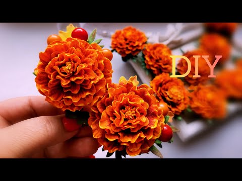 🍁Осенние цветы🍁БАРХАТЦЫ на заколочках. Цветы из фоамирана.