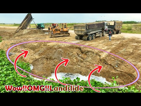 Great Action!! Land Sinking Repairing By Many Dump Trucks And An Old Komatsu D53 Bulldozer