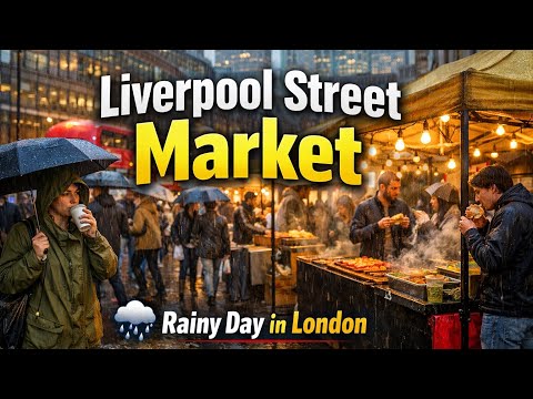 Exploring Liverpool Street in Light Rain 🌧️ | Busy Market & Street Food