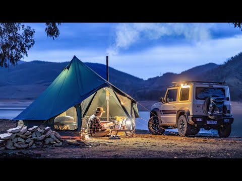 Lakeside Solo Jimny Camping in Australia, Lazy Canvas Tent Comfort, Wood Stove Cooking & Nature ASMR