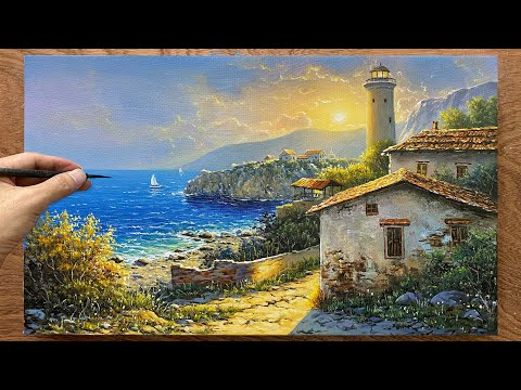 How to draw a lighthouse by the sea / Beautiful coastal landscape painting / Acrylic painting.