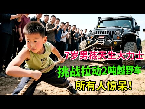 7岁男孩天生大力士,体重114斤轻易背起200多斤男主持,挑战拉动2吨越野车,所有人惊呆!