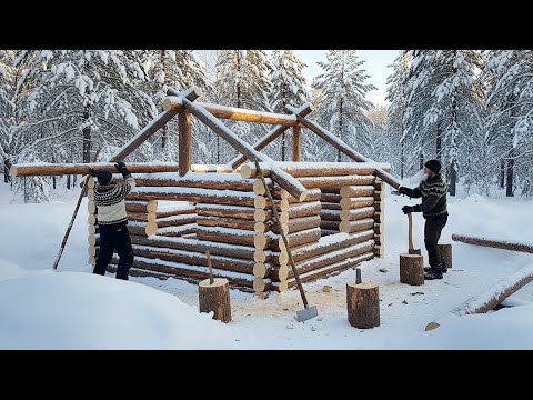 Building a Winter Log Cabin in the Forest - Bushcraft Shelter in Deep Snow